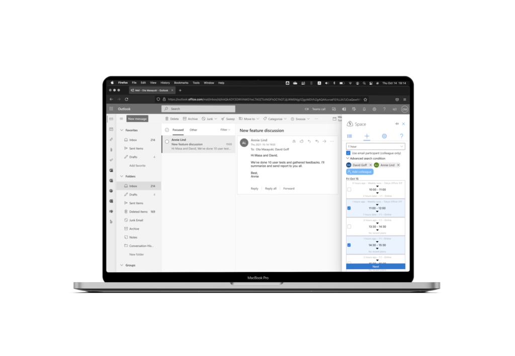 Space for Outlook to finish meeting arrangement in a minute